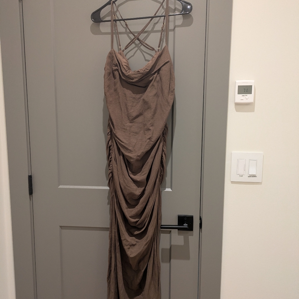 Elegant Brown Ruched Maxi Dress